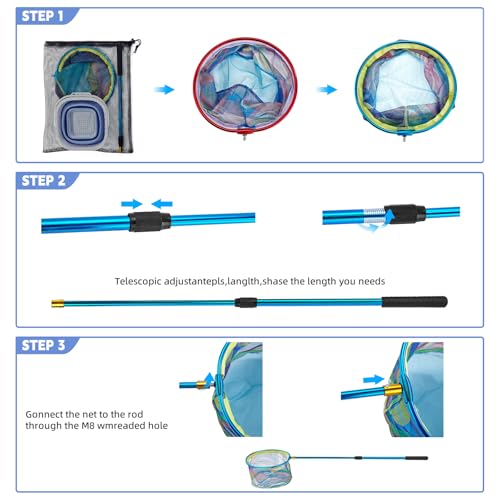 2PCS Telescoping Kids Fishing Net with Handle and Collapsible Bucket Kits-with Lightweight Aluminum Pole,Suitable for Catching and Releasing Fish,Minnow,Crabs,Butterfly,Frogs or Small Animals Outdoor