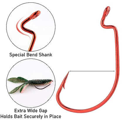 Dr.Fish EWG Hooks Bass Fishing Worm Hooks Extra Wide Gap Freshwater Fishing Carolina/Texas Rig - color: Red, size: #1/0-100Pack