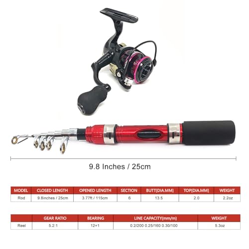 Portable Small Telescopic Fishing Rod and Reel Combo with Bag, Compact Only 9.8 Inches Collapsible Fishing Pole Kit for Saltwater and Freshwater Ice Fishing