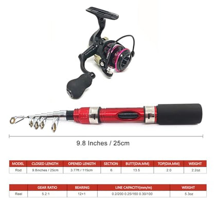 Portable Small Telescopic Fishing Rod and Reel Combo with Bag, Compact Only 9.8 Inches Collapsible Fishing Pole Kit for Saltwater and Freshwater Ice Fishing