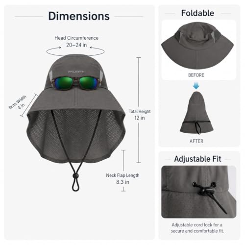 Palmyth Fishing Hat Wide Brim Sun Hat with Neck Flap & Sunglasses Storage | Sun Protection, Adjustable Fit, Breathable Mesh & Sweatband, Foldable, For Men & Women - color: Carbon
