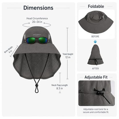 Palmyth Fishing Hat Wide Brim Sun Hat with Neck Flap & Sunglasses Storage | Sun Protection, Adjustable Fit, Breathable Mesh & Sweatband, Foldable, For Men & Women - color: Carbon