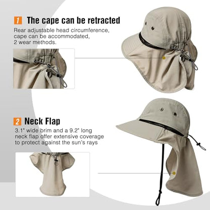 Oversized XL XXL Mens Sun Hat Big Head Neck Flap Shade Waterproof UPF50+ Wide Brim Hat Fishing Safari Hiking - color: Light Grey, size: Medium-Large