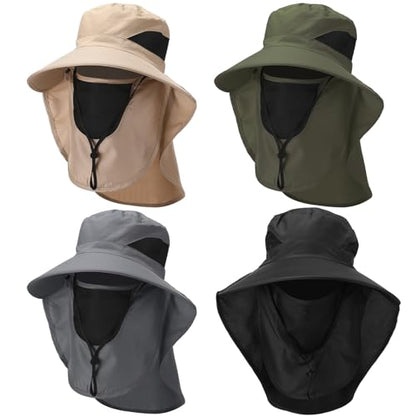 Cuffbow 4 Pcs Mens Outdoor Wide Brim Fishing Hat with Face and Neck Cover Sun Protection Cap UPF 50+ Fisherman Bucket Sun Hat
