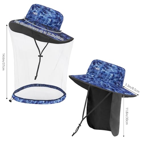 BASSDASH UPF 50+ Mosquito Sun Hat with Hidden Head Net and Neck Flap for Men Women Outdoor Fishing Hiking Camping - color: Blue Camo
