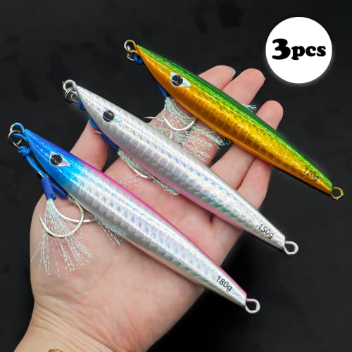 Fishing Jigs Vertical Saltwater Jigs Vertical Jigging Spoon Fishing Tuna Lures Boat Fishing Artificial Lures for Tuna, Grouper, Dogtooth, Snapper, Bass, Salmon/60g, 80g,120g - color: 3pcs-multicoloured