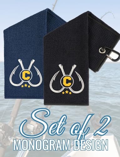 Embroidered Fishing Towels with Clip, Personalized Microfiber Towel Accessories for Fishing Lovers, 16x16 Inches, Pack of 2, Initial C - color: C