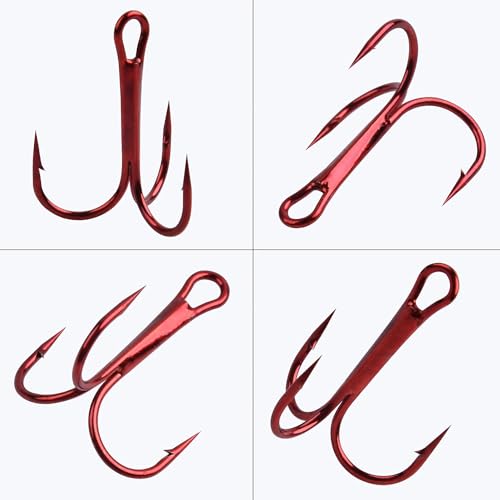 Fishing Treble Hooks Triple Fishing Hooks High Carbon Steel Barbed Sharp Round Bend Treble Hooks Replacement for Hard Lures Bait - color: Red, size: 2#-50pcs