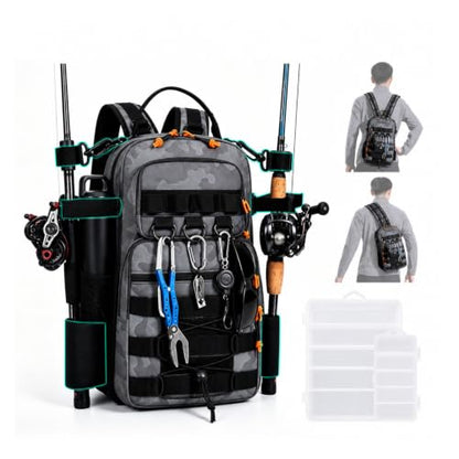 2 in 1 Compact Tactical Fishing Backpack with Tackle Boxes, Lightweight Waterproof Tackle Bag Fit 2 * 3600 Tackle Boxes, 2 Rod Holders Storage, Fishing Accessories Gift for Men Gray - color: Gray