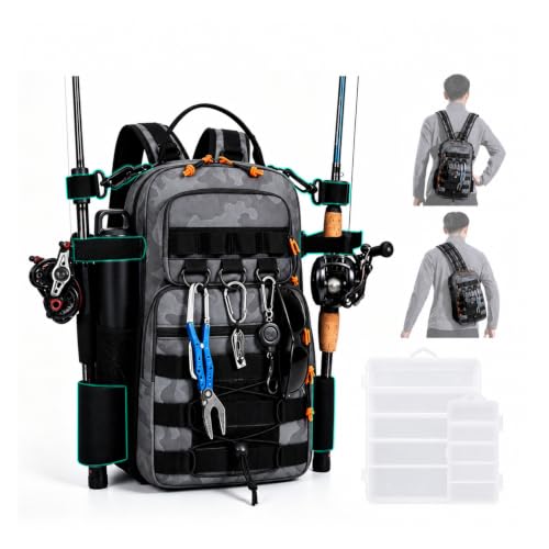 2 in 1 Compact Tactical Fishing Backpack with Tackle Boxes, Lightweight Waterproof Tackle Bag Fit 2 * 3600 Tackle Boxes, 2 Rod Holders Storage, Fishing Accessories Gift for Men Gray - color: Gray
