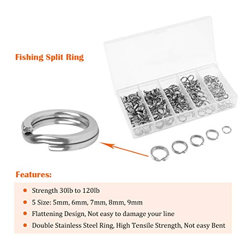 201 Pcs Stainless Steel Fishing Split Rings 5 Sizes Double High Strength Lure Tackle Connector kit with Fishing Pliers Fish Hook Remover Fishing Tackle for Freshwater and Saltwater