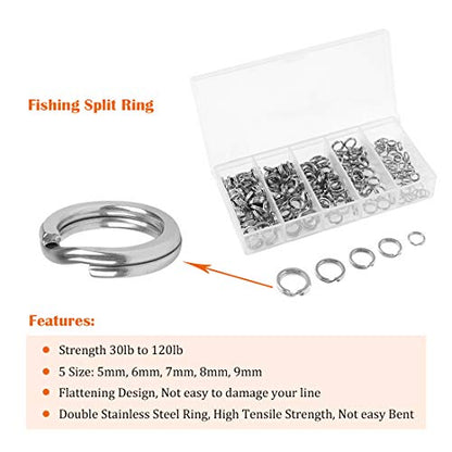 201 Pcs Stainless Steel Fishing Split Rings 5 Sizes Double High Strength Lure Tackle Connector kit with Fishing Pliers Fish Hook Remover Fishing Tackle for Freshwater and Saltwater