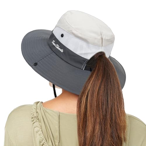 Sun Hat for Women Summer UV Protection Beach Hat Wide Brim Mesh Bucket Fishing Hat with Ponytail Hole Foldable Packable Hat - color: Beige Grey(with Ponytail Hole)