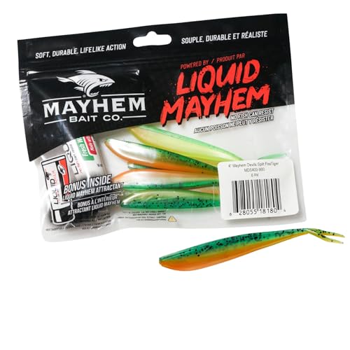 Liquid Mayhem Devils Split 4” – Soft Plastic Lures for Bass & Walleye with Fast Darting Action – Includes Bonus 10ml Attractant – 6 Baits Each Pack - size: 4" Kit - 1 Pack, style: Fire Tiger