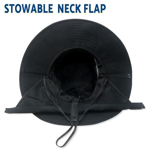 NPJY Sun Fishing Hats with Neck Flap for Men Women UV Sun Protection Safari Hat Wide Brim Bucket Hat - color: Pure Black(with Neck Flap)