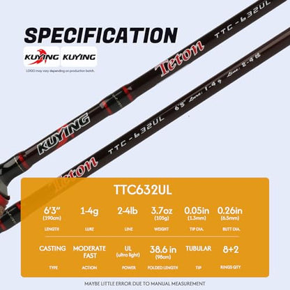 Teton 5'2"-6'6" BFS Fishing Rod Casting & Spinning, Ultra Light Rods, 40T Carbon Fiber Blank, Fuji Guides & Reel Seat, MF Fast Action, 2 Piece Travel Trout Lure Pole - size: Cast 6'3"-UL-M Fast-TTC632UL