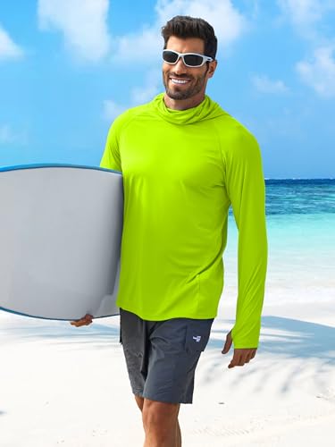 PINSPARK Men's Sun Protection Hoodie with Mask UPF 50+ UV Long Sleeve Shirt Men Rash Guard Performance Fishing Hiking Shirt - color: Lemon Green, size: Small