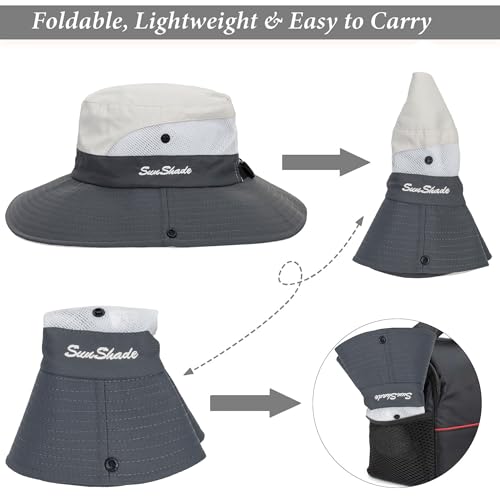 Sun Hat for Women Summer UV Protection Beach Hat Wide Brim Mesh Bucket Fishing Hat with Ponytail Hole Foldable Packable Hat - color: Beige Grey(with Ponytail Hole)