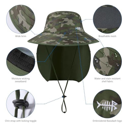 BASSDASH UPF 50+ Breathable Sun Hat with Removable Face Cover and Neck Flap Wide Brim Bucket Hat for Fishing Hiking Men Women - color: Army Green Camo/Army Green