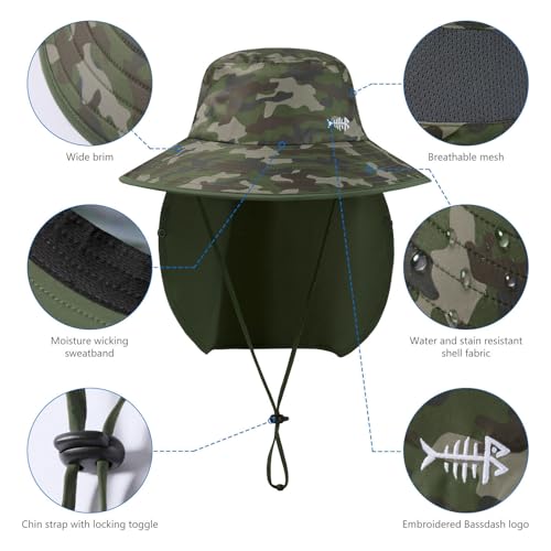 BASSDASH UPF 50+ Breathable Sun Hat with Removable Face Cover and Neck Flap Wide Brim Bucket Hat for Fishing Hiking Men Women - color: Army Green Camo/Army Green