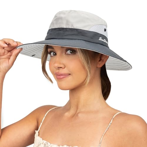 Sun Hat for Women Summer UV Protection Beach Hat Wide Brim Mesh Bucket Fishing Hat with Ponytail Hole Foldable Packable Hat - color: Beige Grey(with Ponytail Hole)