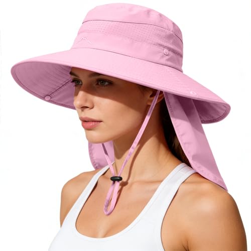 Sun Hats for Men Women, UPF50+ Protection Safari Hat,Wide Brim Fishing Hat with Neck Flap,Bucket Hats for Beach Hiking - color: Pink1