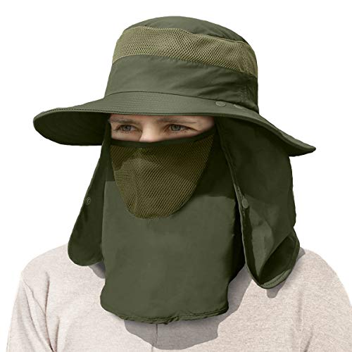 IYEBRAO Mens Outdoor Sun Hat with Face Neck Flap UV Protection Wide Brim Fishing Hat for Hiking Safari Gardening UPF 50+ - color: Army Green