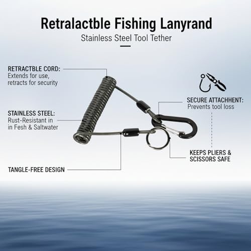 Retractable Fishing Tool Lanyard - Stainless Steel Tether for Pliers & Scissors, Anti-Loss Gear Clip for Boats, Kayaks (1 Pack) - size: 47.24 x 3.15 x 1.57"