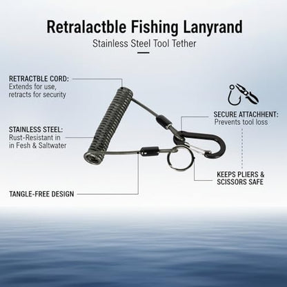 Retractable Fishing Tool Lanyard - Stainless Steel Tether for Pliers & Scissors, Anti-Loss Gear Clip for Boats, Kayaks (1 Pack) - size: 47.24 x 3.15 x 1.57"