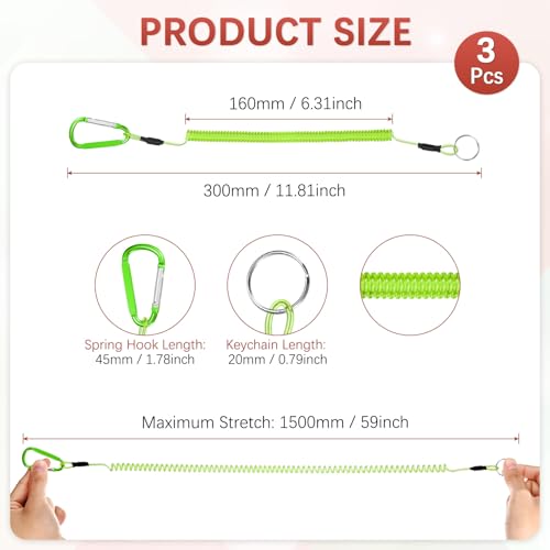 11.81IN Retractable Safety Coiled Lanyard [3PCS] - Steel Wire Fishing Rod Safety Lanyard Use for Pliers Boating & Kayak Fishing - color: Green