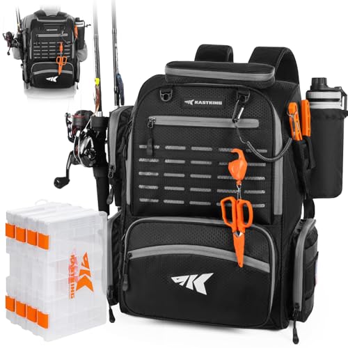 KastKing Bait Boss Fishing Tackle Backpack with Rod Holders-4 Tackle Boxes-Rain Cover,Storage for Fishing Gear - color: A: Black