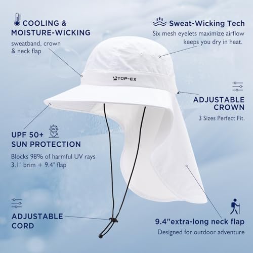 TOP-EX Cooling Sun Hat with Neck Flap – UPF 50+ Wide Brim Breathable Hat for Hiking, Fishing & Big Heads - color: White, size: Medium