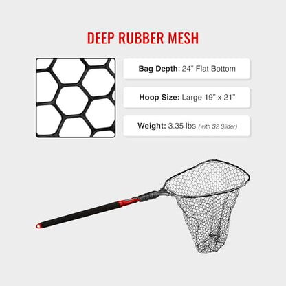 EGO S2 Slider Fishing Net Handle | Adjustable Extension Handle, Minimal Water Drag Design, Ergonomic Foam Grip for Landing Nets - size: 29" to 60" Handle, 19" x 21" Hoop, style: Lightweight Non-tangle Deep Rubber Mesh