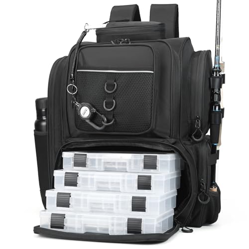 WANOON Fishing Backpack,Tackle Bag,with Tackle Boxes. Large Fishing Bag, Strong Materials - color: Black, size: 42L-With Tackle Boxes