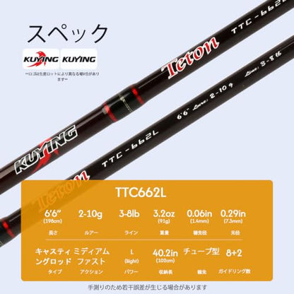 Teton 5'2"-6'6" BFS Fishing Rod Casting & Spinning, Ultra Light Rods, 40T Carbon Fiber Blank, Fuji Guides & Reel Seat, MF Fast Action, 2 Piece Travel Trout Lure Pole - size: Cast 6'6"-L-M Fast-TTC662L