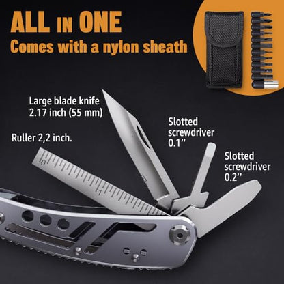 24-in-1 Multitool with Knife, Pliers & 11 Bits Sharp Stainless Steel - Multi Tool for Men - Ideal Gear with Tools for Camping Hiking, Survival, EDC - Best Gifts for Husband Boyfriend 2238 - color: 1. Silver