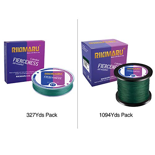 RIKIMARU Braided Fishing Line Abrasion Resistant Superline Zero Stretch&Low Memory Extra Thin Diameter 327-1094 Yds, 4-180LB - color: Moss Green, size: 327 Yds/0.30mm(8 Strands)/40LB
