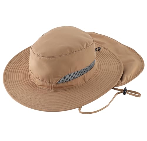 Connectyle UPF 50+ Wide Brim Sun Hat for Men Women UV Protection Fishing Hat with Neck Flap Outdoor Safari Bucket Hiking Hats - color: Dark Khaki
