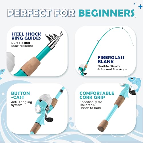 Kids Fishing Pole, Portable Telescopic Kids Fishing Poles for Boys Girls Youth, Fishing Rod and Reel Combo - color: Turquoise+Mint Blue