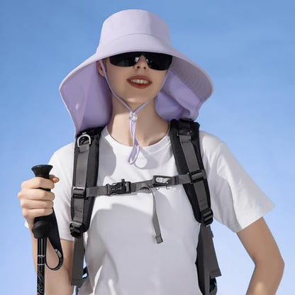 HUAMULAN Men Summer Sun Hat Women Safari Wide Brim Fishing Hats UV Protection Neck Flap Bucket Gardening Hiking Hunting Cap - color: Bg8112-lightpurple