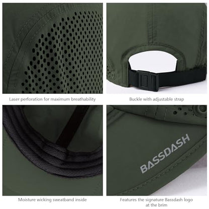 BASSDASH UPF 50+ Foldable Fishing Hat Baseball Cap with Removable Neck Flap Portable for Men Women Golf Hiking - color: Army Green With Foldable Brim
