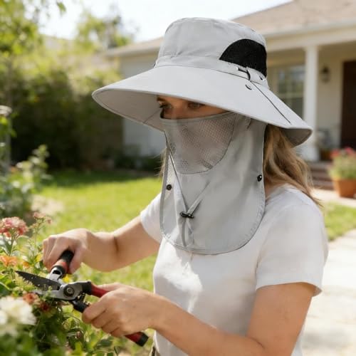 Sun Hat for Men and Women, UPF 50+ UV Protection, Wide Brim Breathable, Fish Hat with Neck Flap and Breathable Face Mask - color: Light Gray