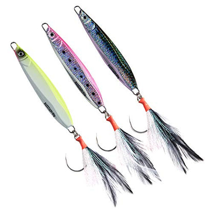 BASSDASH STIX Casting Jig Lure Vertical Slow Jigging Lures Mustad Hooks 0.7oz 1.1oz 1.4oz 2.1oz 2.8oz 3.9oz Mustad Hooks for Saltwater Freshwater Kayak Boat Shore Fishing, 3-Pack - size: 60 grams (2.1 oz)