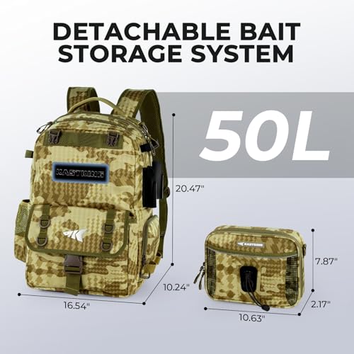KastKing BaitSpace Fishing Tackle Backpack with Removable Bait Binder,2 Rod Holders Storage Fishing Gear and Equipment - color: H: Khaki Camo, size: Without tackle box