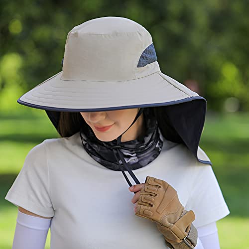 HUAMULAN Women Large Brim Sun Hat with Neck Flap, Men Quick Dry Hiking Fishing Safari Hat UPF 50+ - color: Hyp011-mise