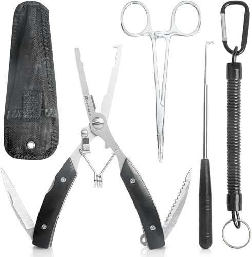 Realure 3‑Piece Saltwater Fishing Pliers Tool Kit, 420 Stainless Steel Split Ring Pliers with Forceps & Hook Remover, Line Cutter Fishing Gear with Lanyard & Sheath for Freshwater & Saltwater Angling