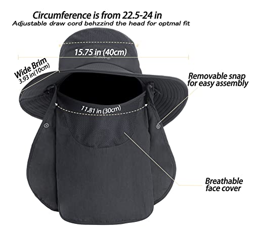 Sun Hat for Men Women, Summer UV Sun Protection Wide Brim Fishing Hat for Men with Face Cover & Neck for Hiking - color: Dark Grey(with Face Cover & Neck Flap)
