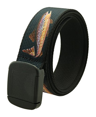 Thomas Bates Fish Pattern Metal Free Hiker Web Belts - color: Navy Rainbow Trout