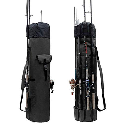 Allnice Durable Canvas Fishing Rod & Reel Organizer Bag Travel Carry Case Bag- Holds 5 Poles & Tackle - color: Black