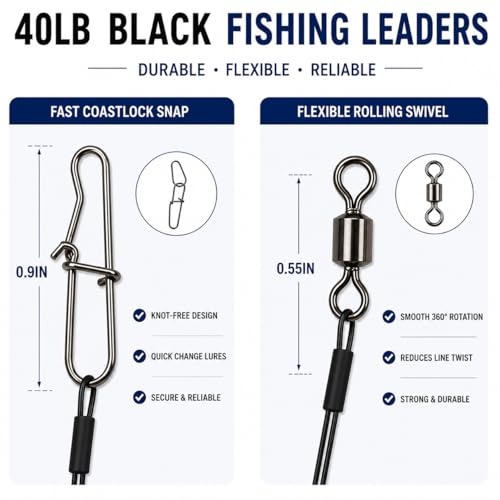 Stainless Steel Fishing Wire Leaders, Black Coated & Uncoated Options, Heavy Strength 31–100LB, 6–21in Multi Sizes with Rolling Swivels Snaps for Salt Fresh Water Shark Pike Barracuda - color: 40pcs-9.84in(40LB)